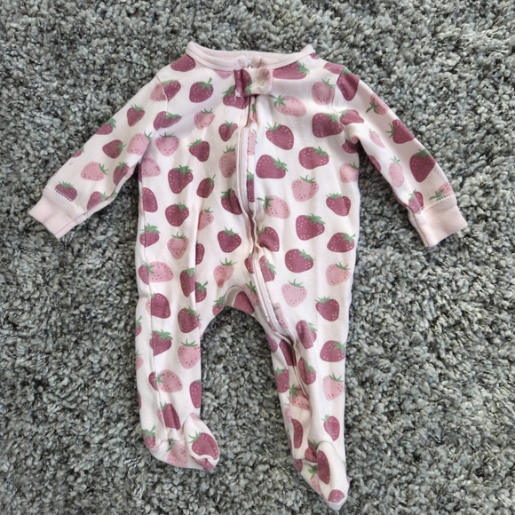 Baby Girl Pajama Bundle 0-3 Months Pink Blue Zip Up Flower, Cherry Strawberry - Picture 3 of 5